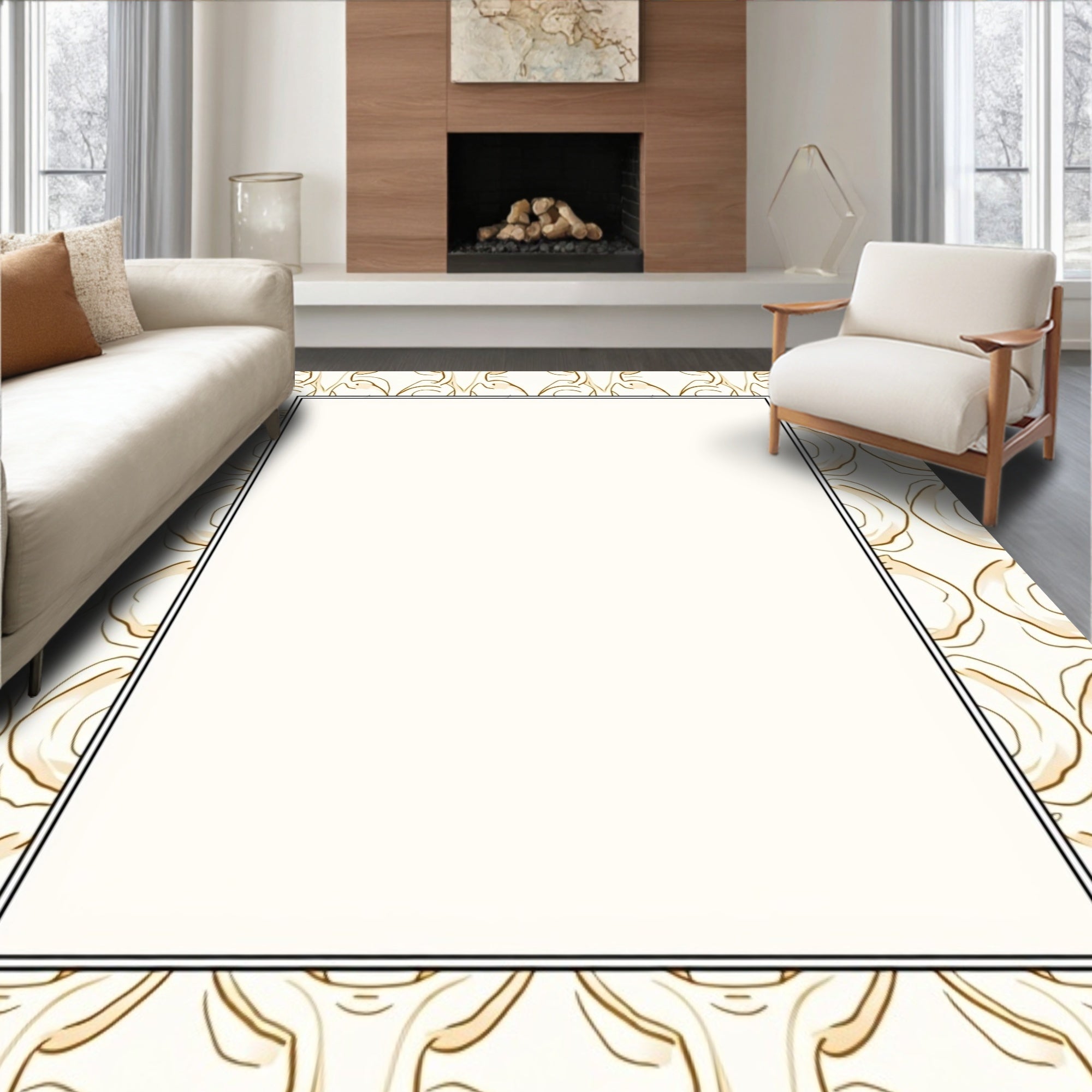 Golden Abstract Calligraphy Border Rug