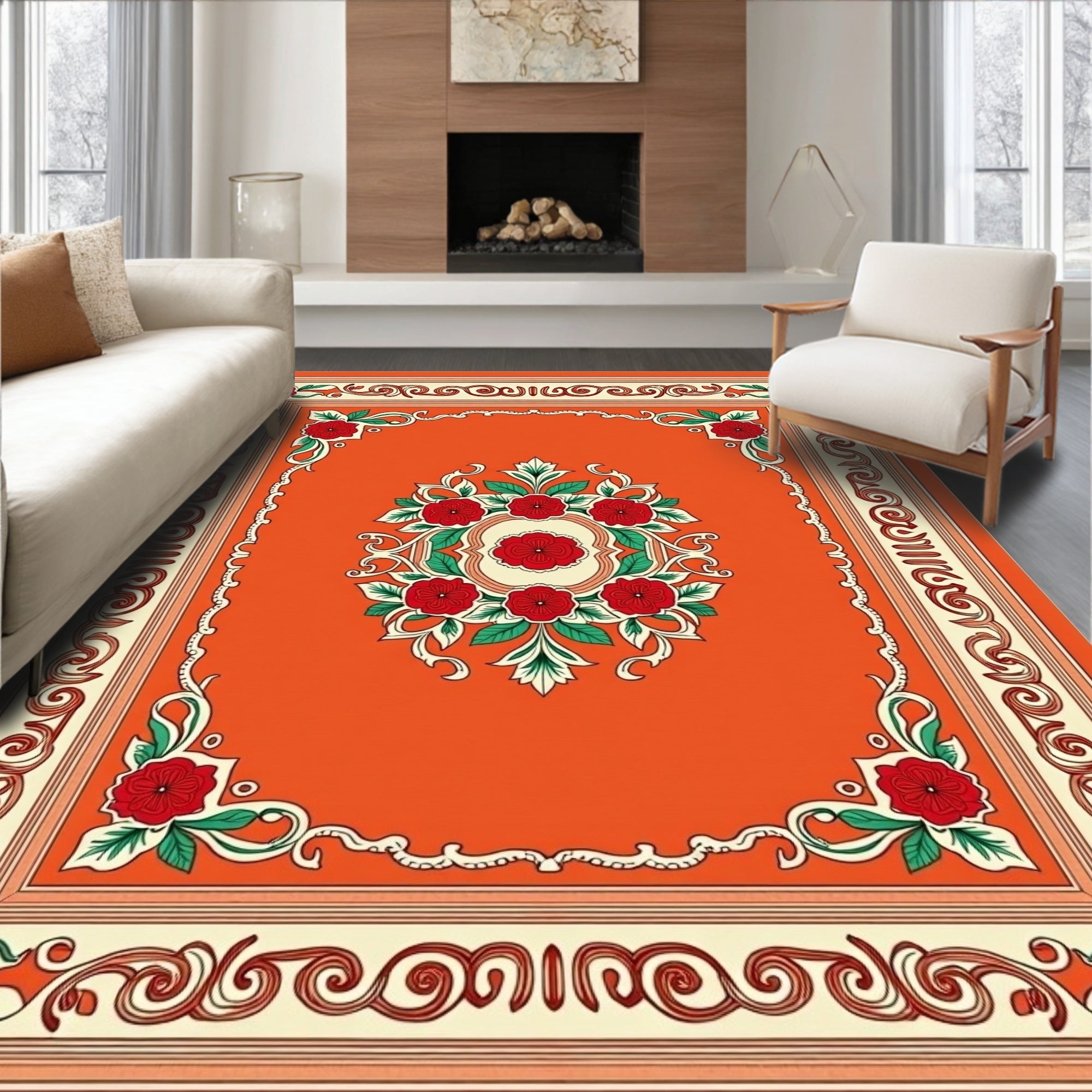 Orange Red Floral Scroll Border Rug