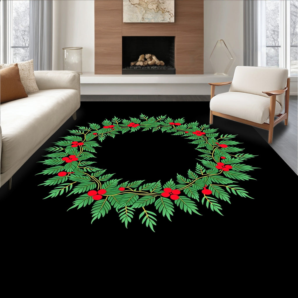 Green Leaf Red Berry Circular Wreath Rug