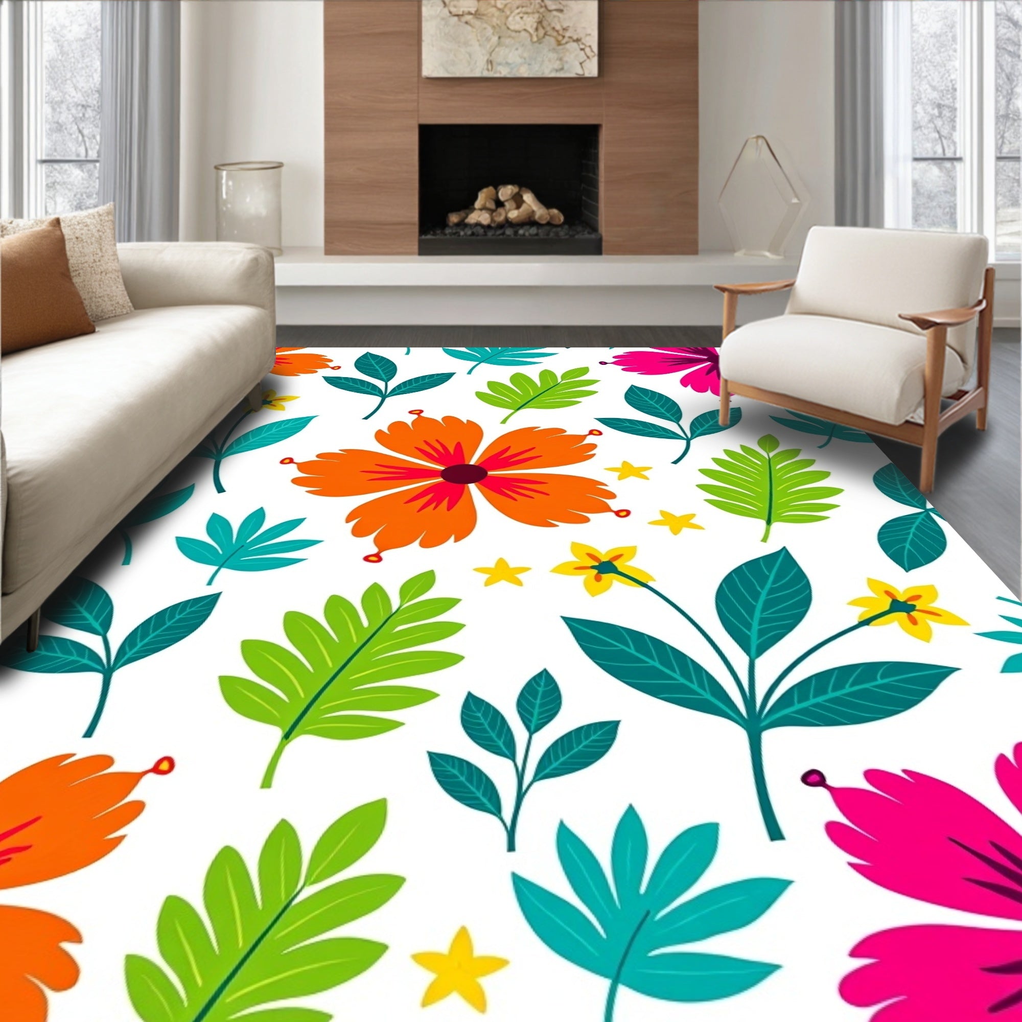 Vibrant Tropical Floral Leaf Medley Rug