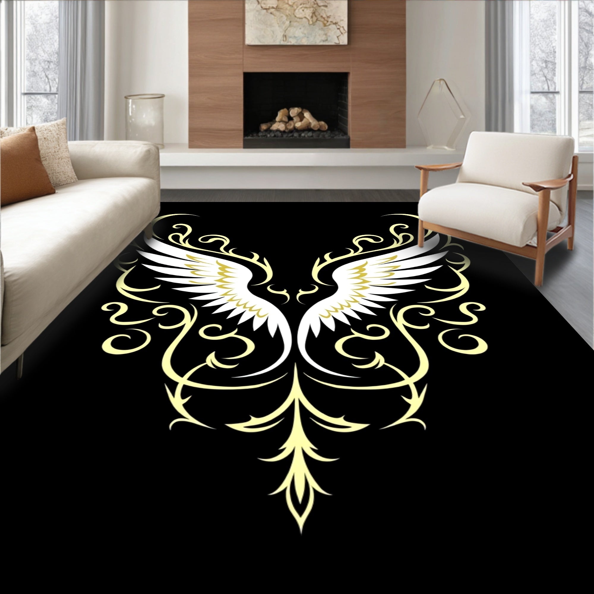 White Gold Angelic Wings Ornate Swirls Rug