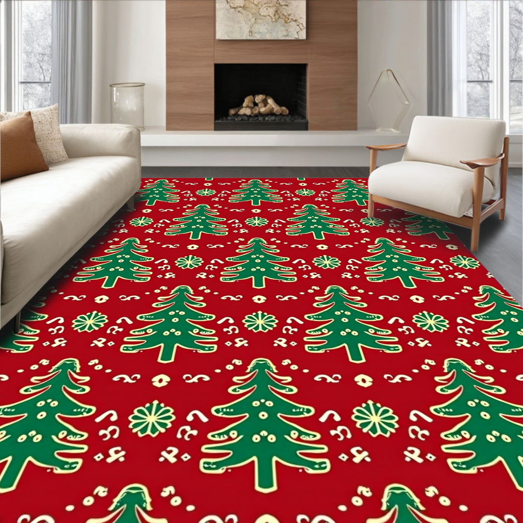 Crimson Green Christmas Tree Snowflakes Rug