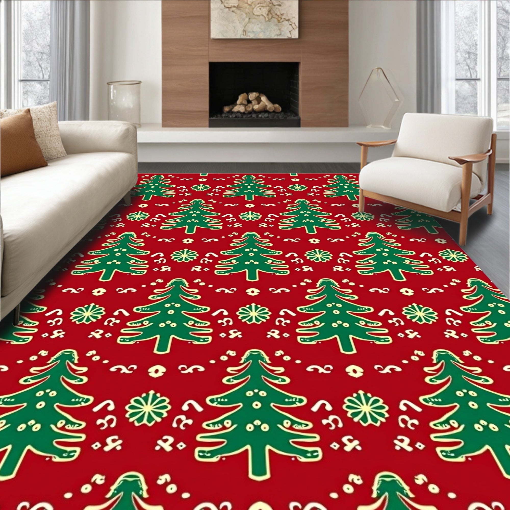 Crimson Green Christmas Tree Snowflakes Rug
