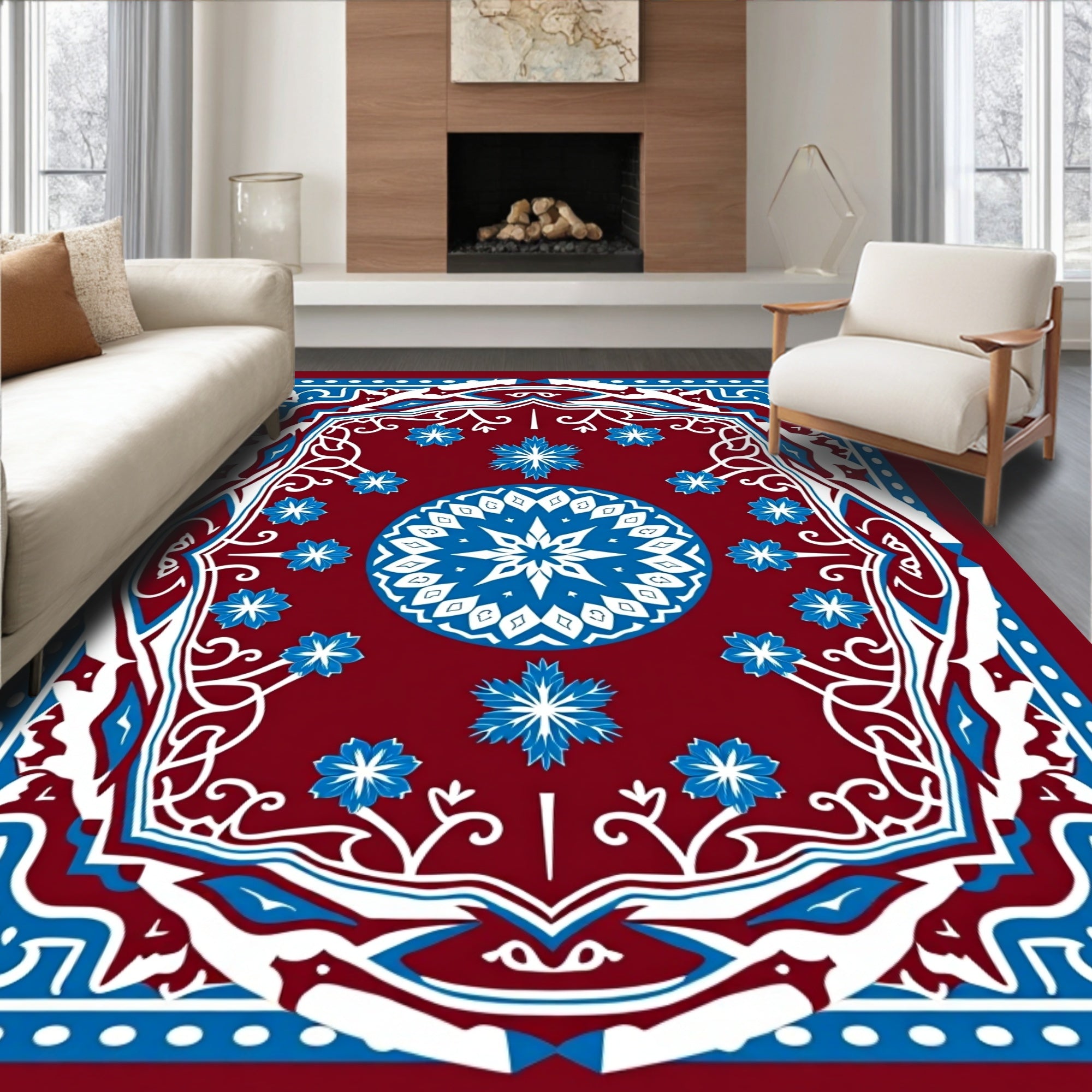 Crimson Blue Intricate Mandala Floral Rug