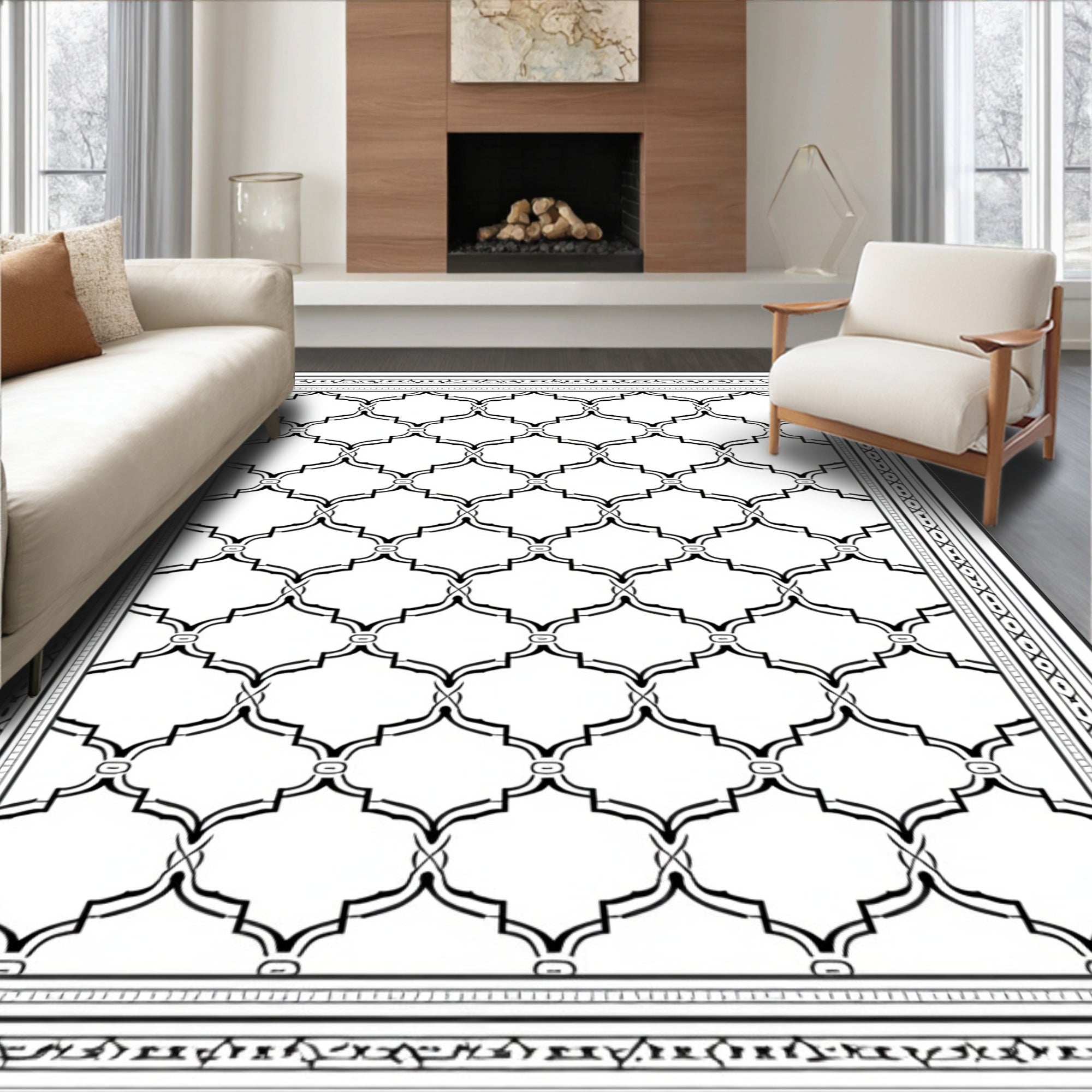 Classic Black Lattice Geometric Border Rug