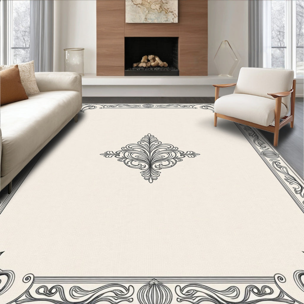 Elegant Ivory and Black Scrollwork Border Rug
