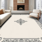Elegant Ivory and Black Scrollwork Border Rug