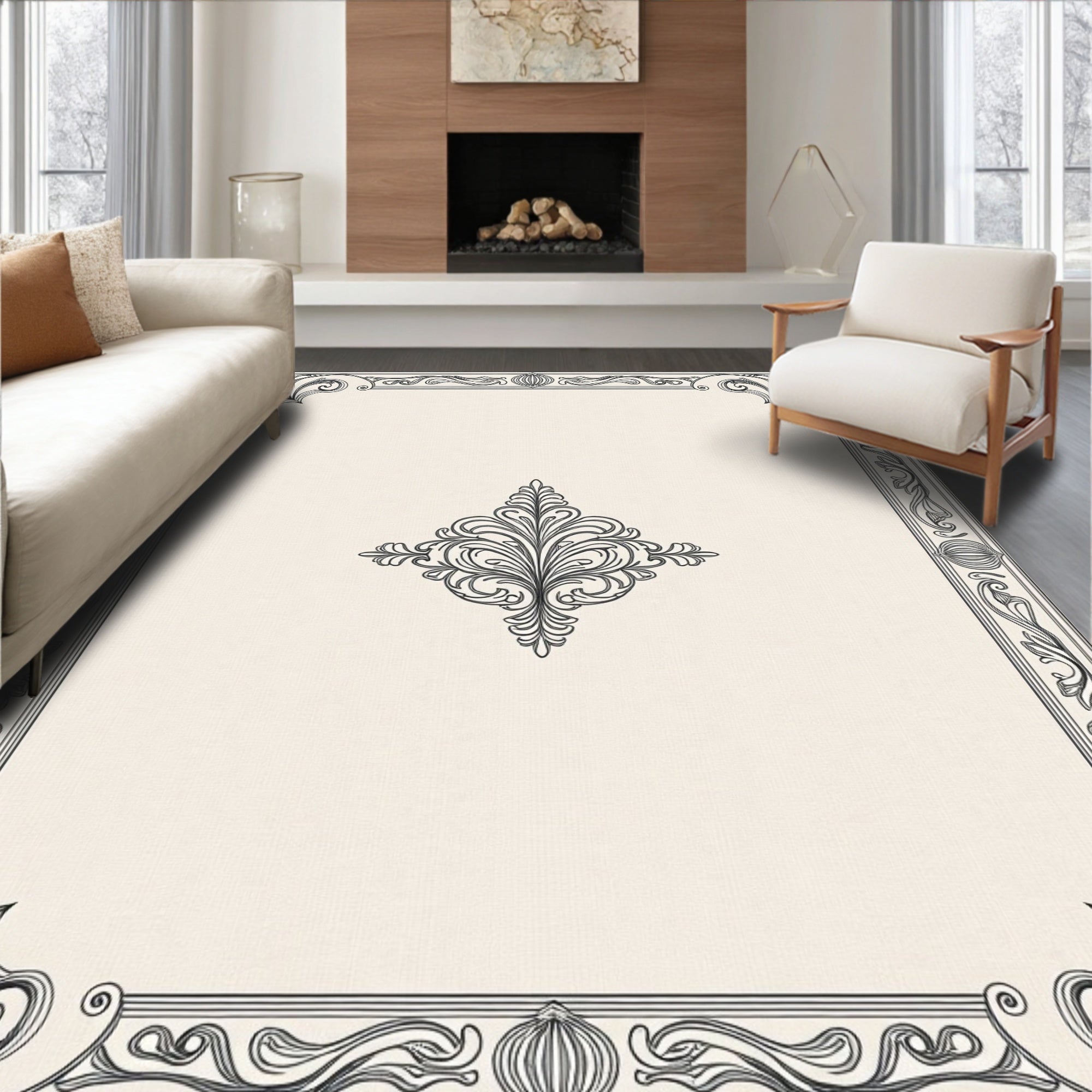 Elegant Ivory and Black Scrollwork Border Rug