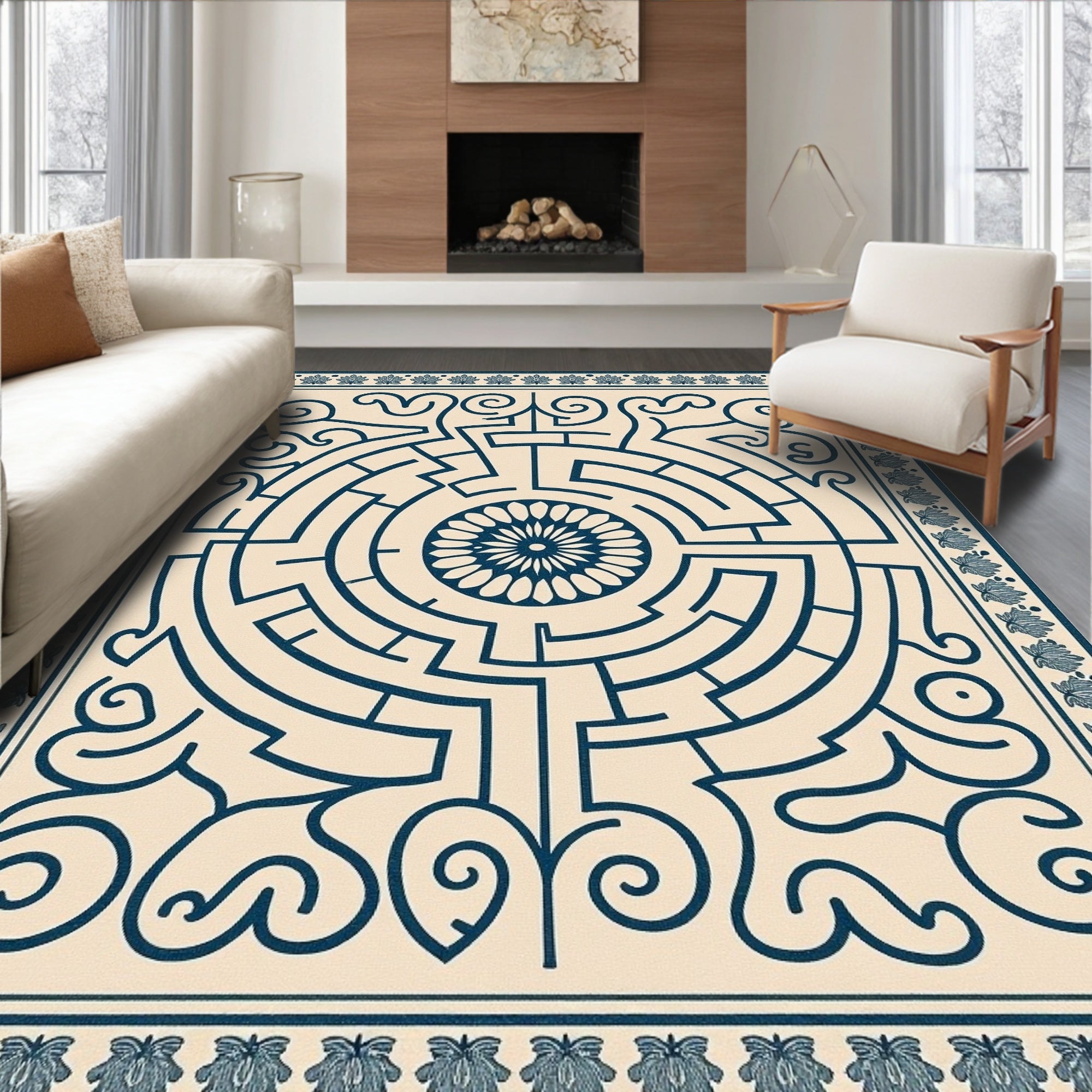 Navy Maze Floral Centered Rug