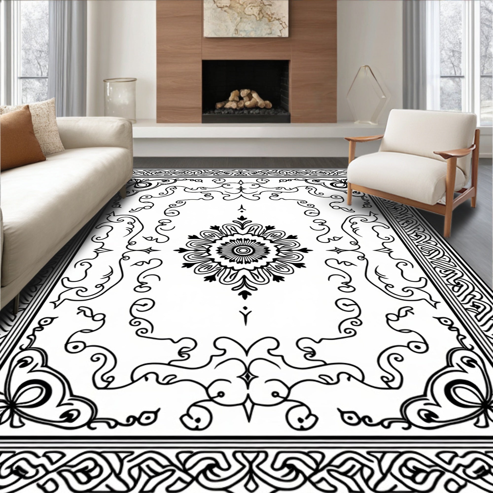 Classic Black and White Floral Medallion Rug