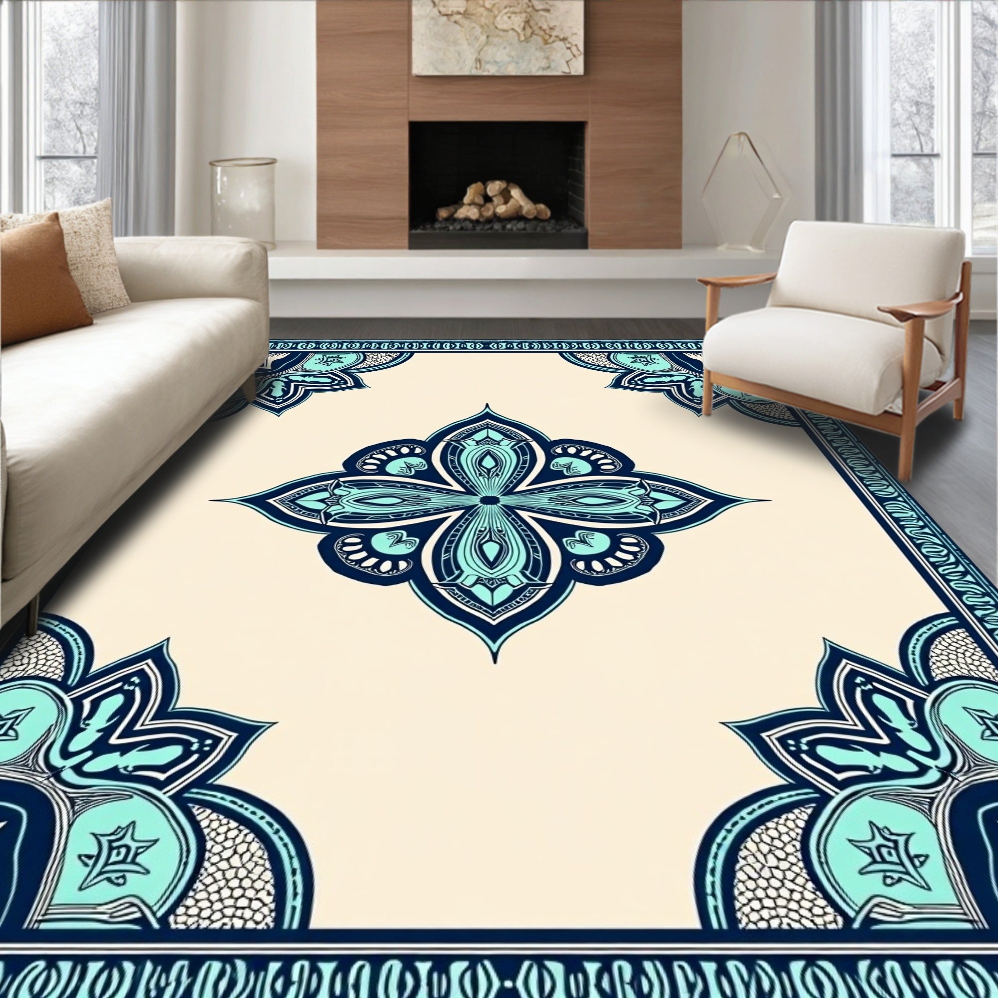 Teal Navy Floral Medallion Border Rug
