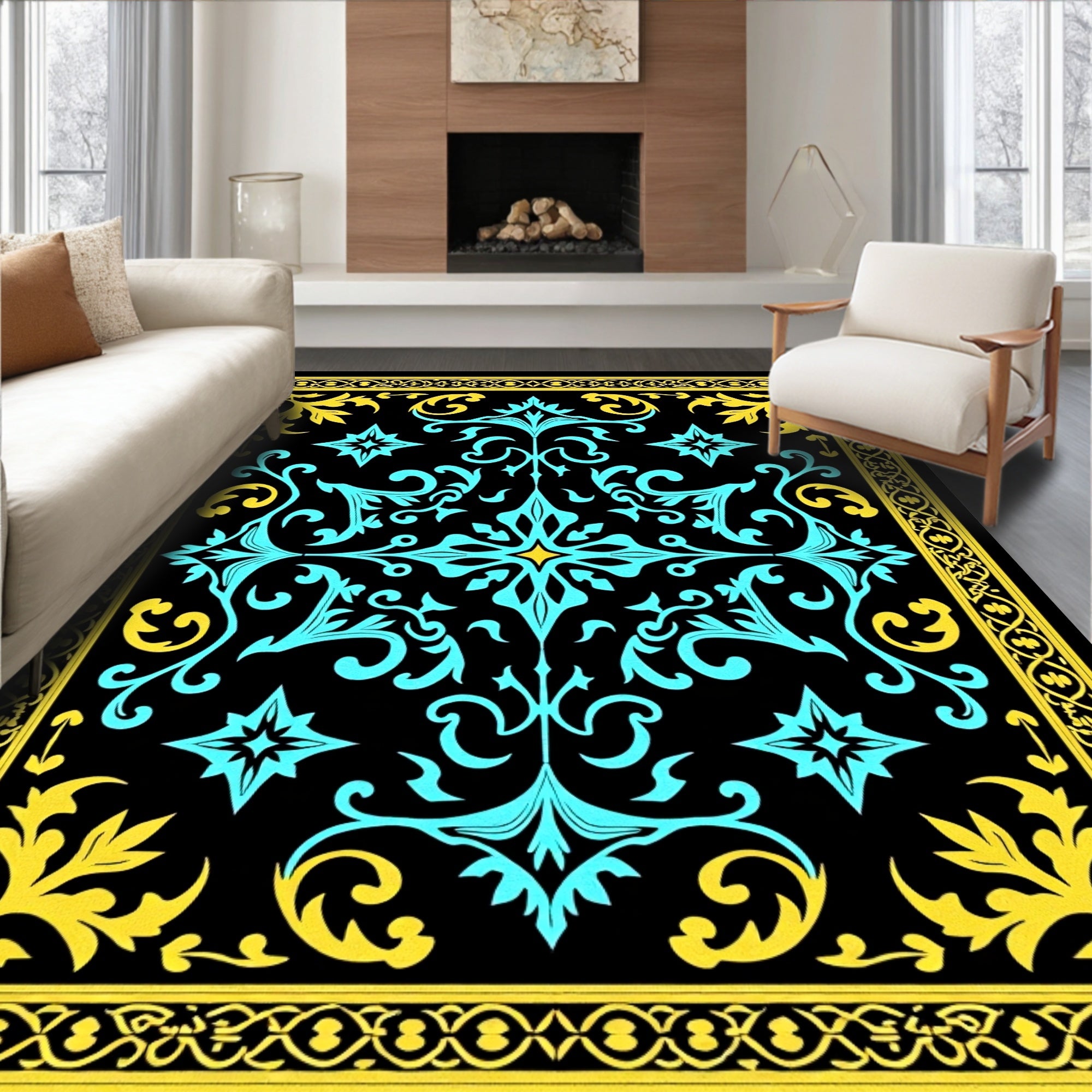 Black Teal Yellow Ornate Floral Rug