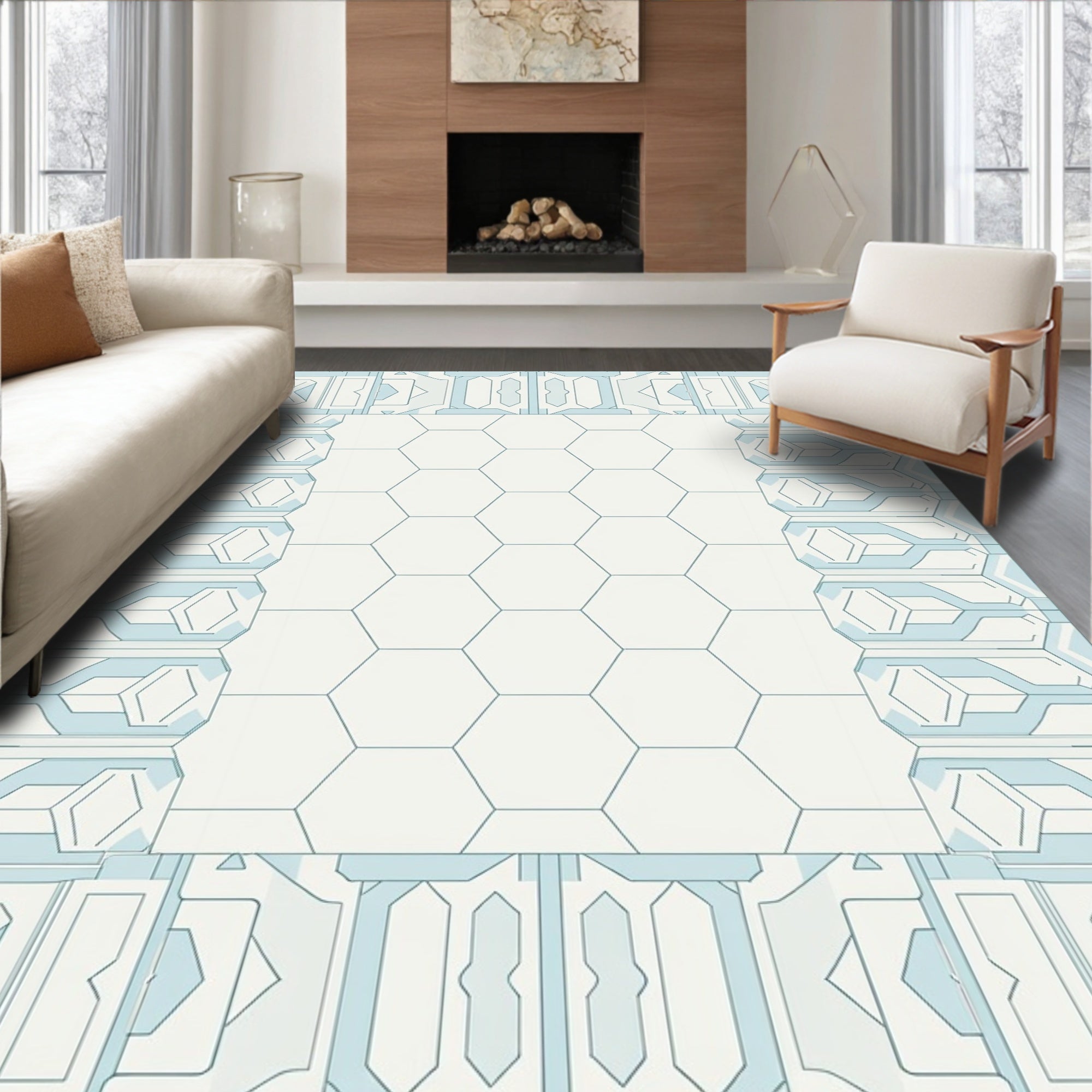 Light Blue Geometric Hexagon Panel Rug