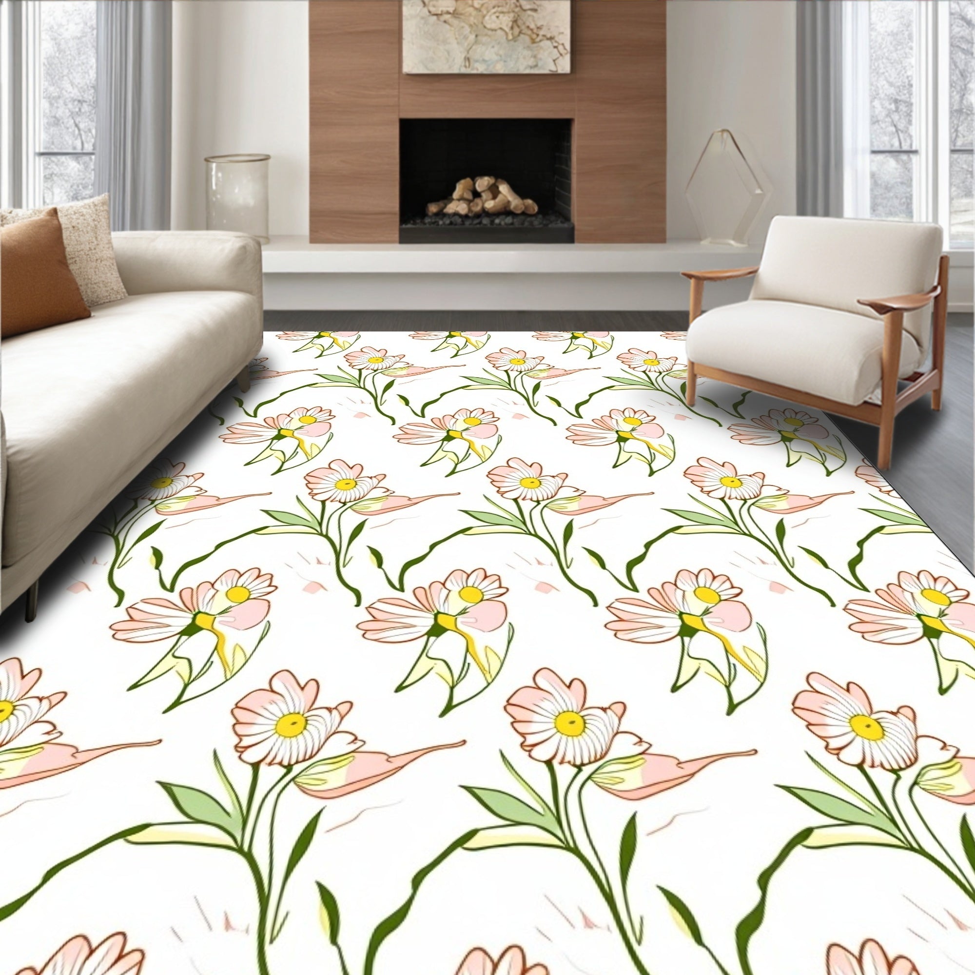 Pastel Pink Daisy Garden Repeating Rug