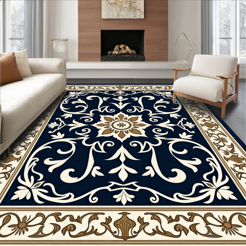 Navy Blue Floral Medallion Traditional Rug