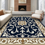 Navy Blue Floral Medallion Traditional Rug