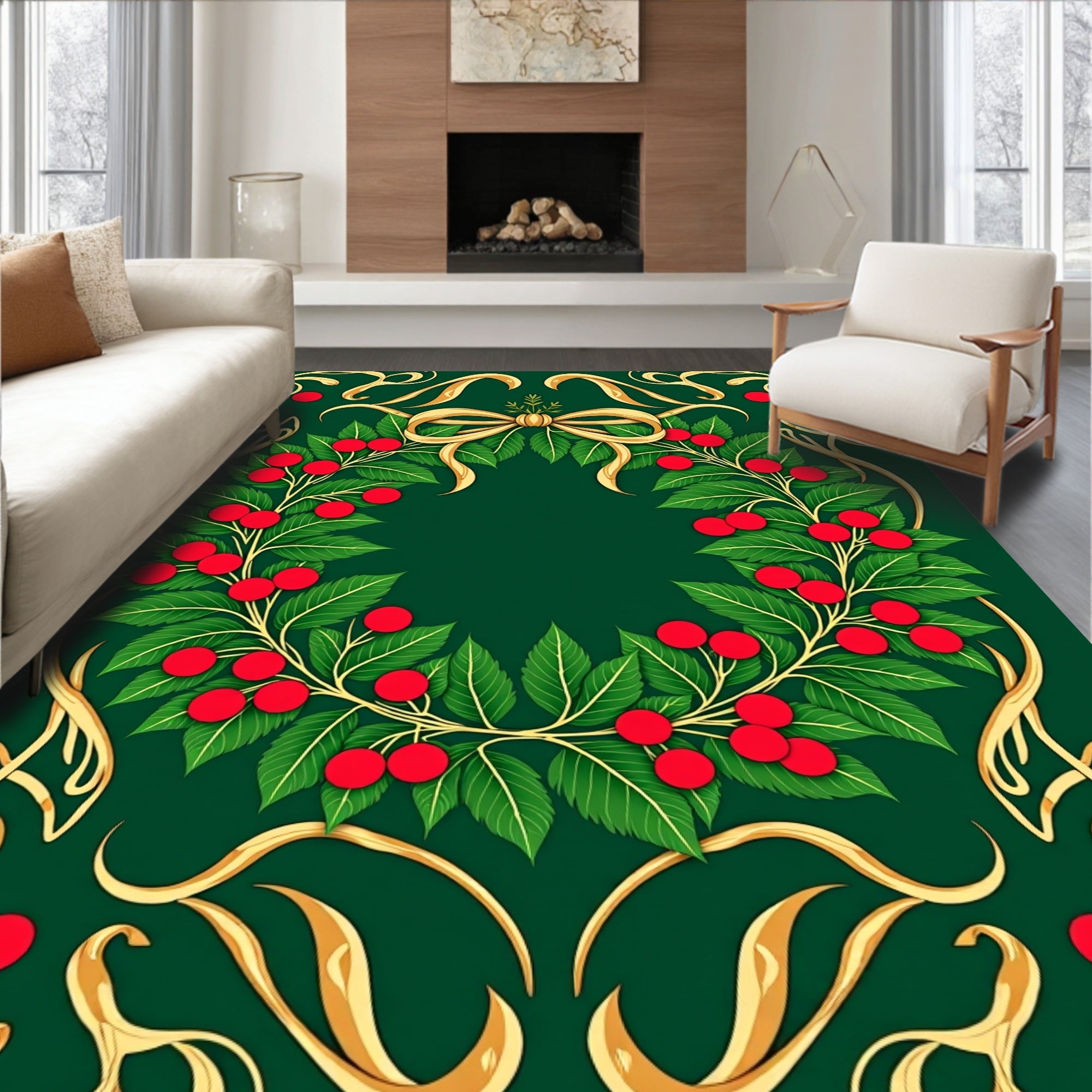 Elegant Emerald Berry Holly Wreath Rug