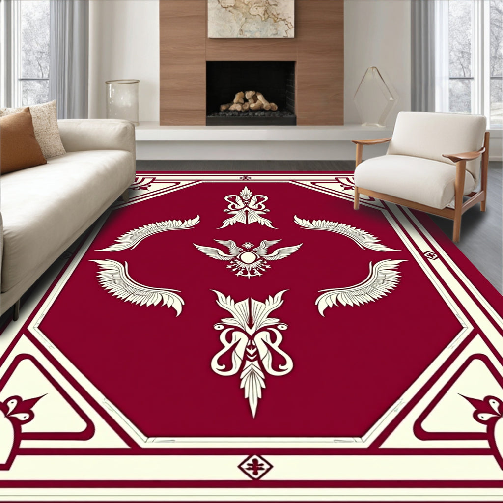 Crimson Ivory Heraldic Winged Crest Rug