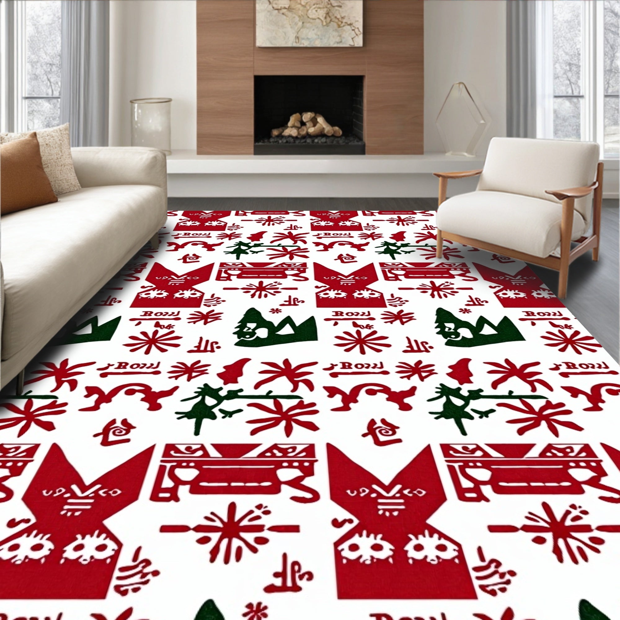 Rustic Red Green Folk Art Rug
