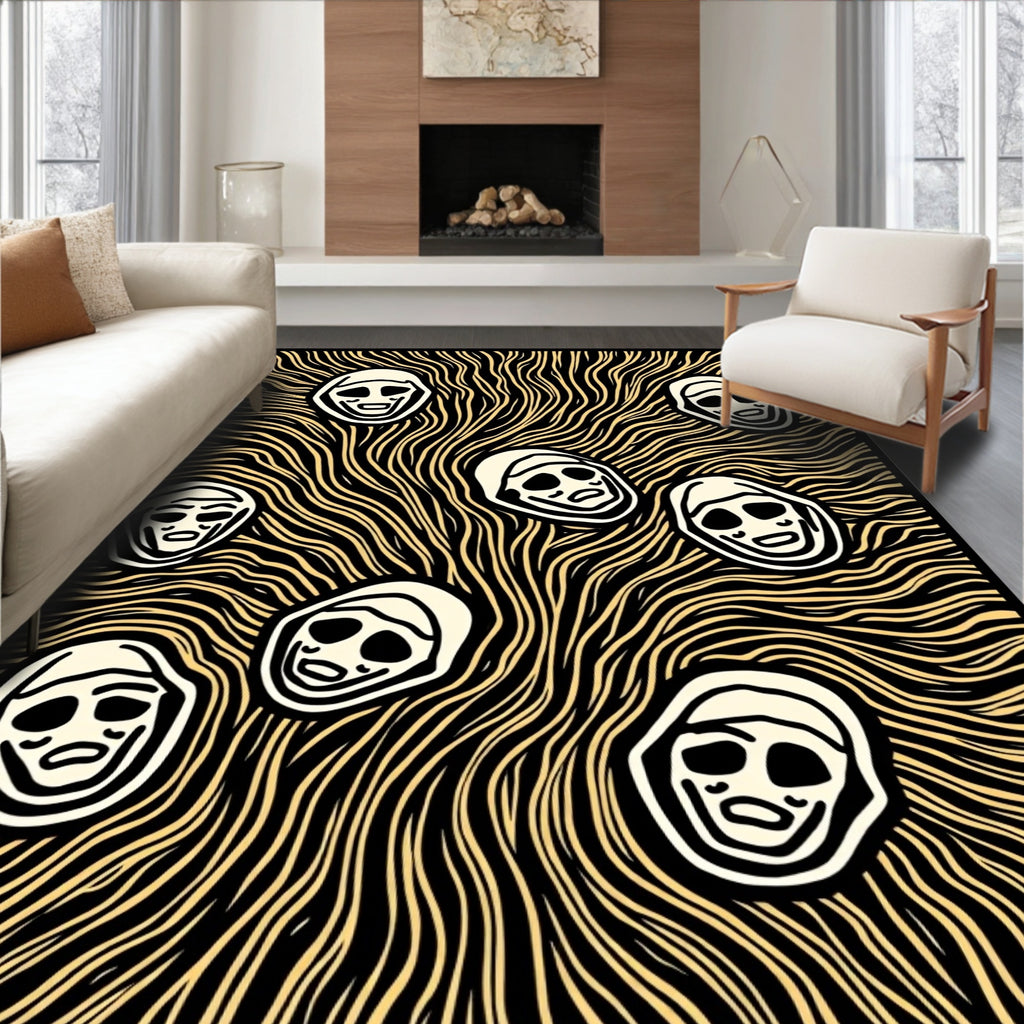 Grotesque Faces Yellow Wavy Background Rug
