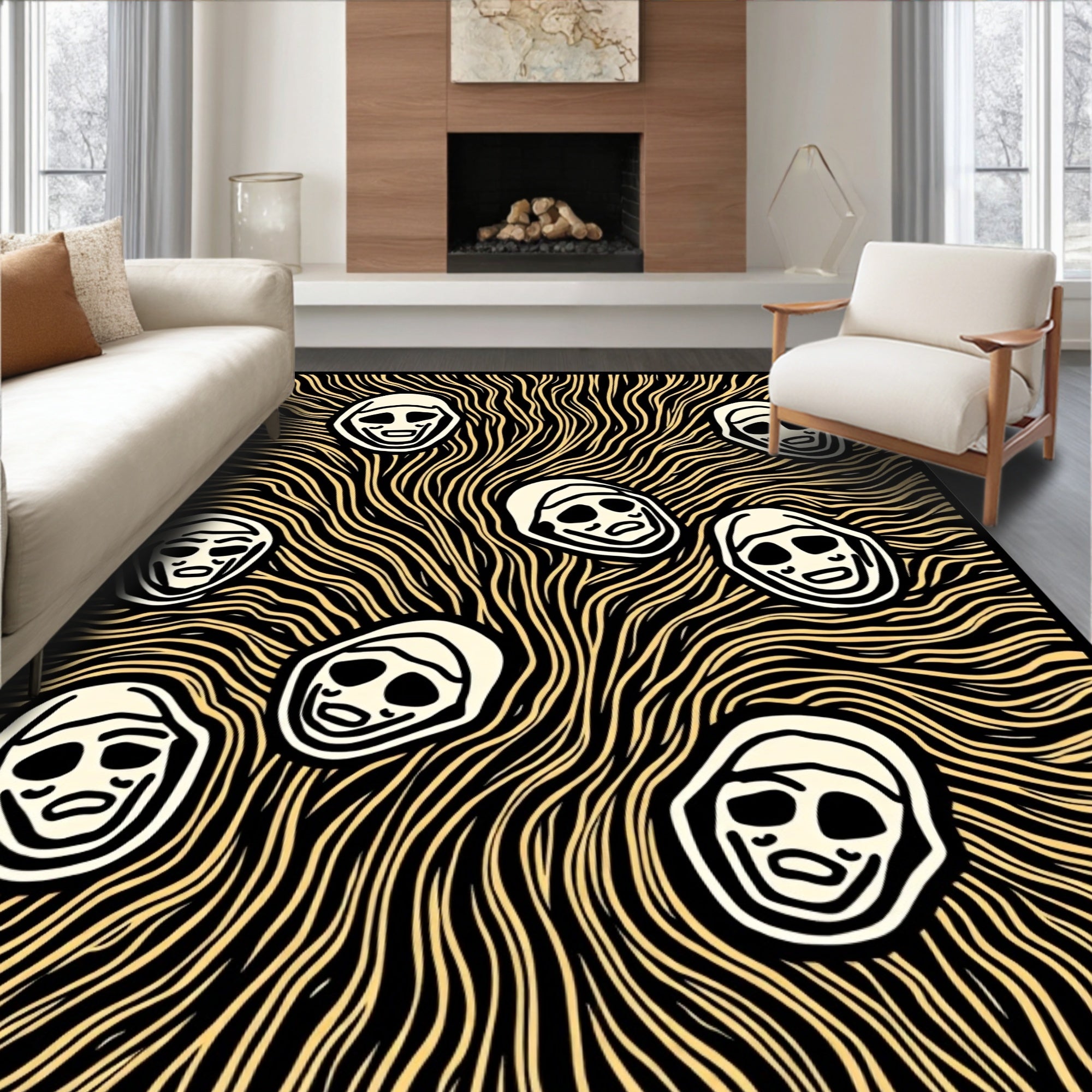 Grotesque Faces Yellow Wavy Background Rug