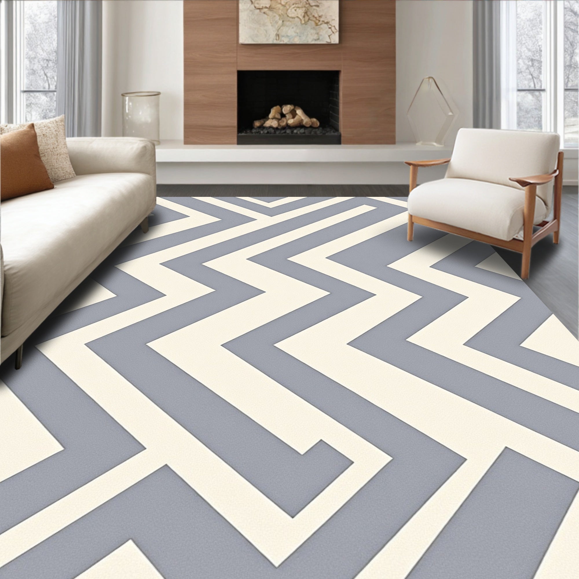 Gray Cream Interlocking Chevron Rug