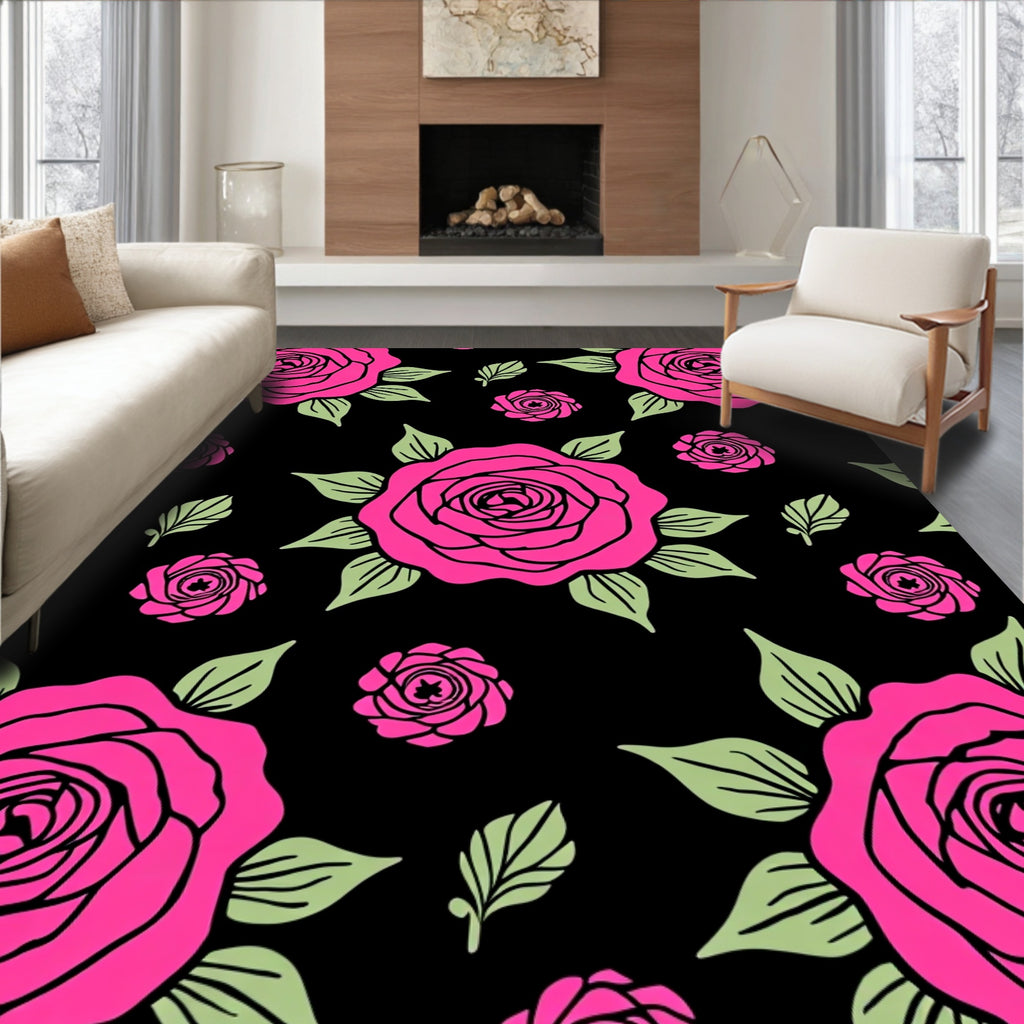 Hot Pink Rose Garden Black Rug