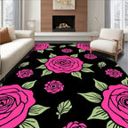 Hot Pink Rose Garden Black Rug