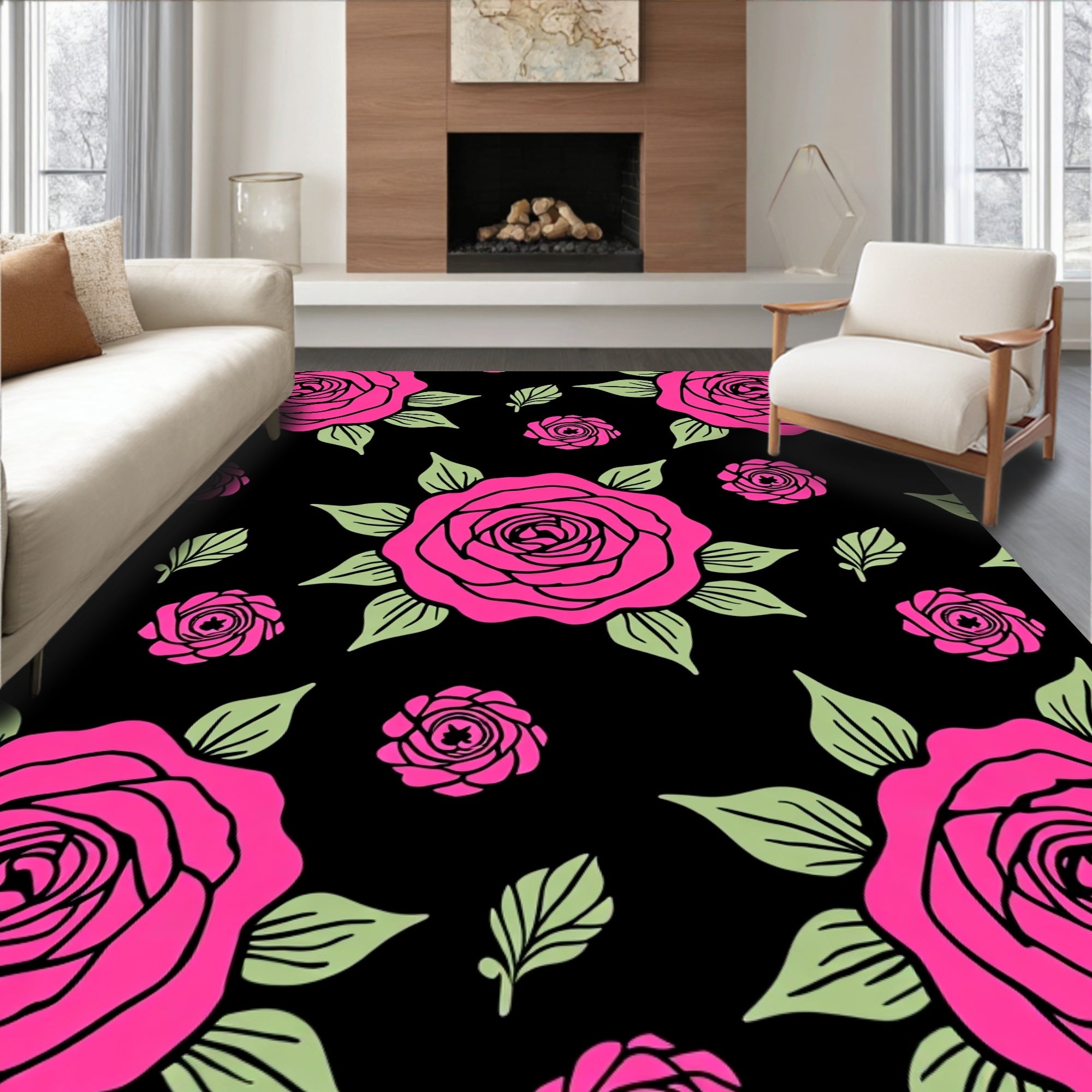 Hot Pink Rose Garden Black Rug