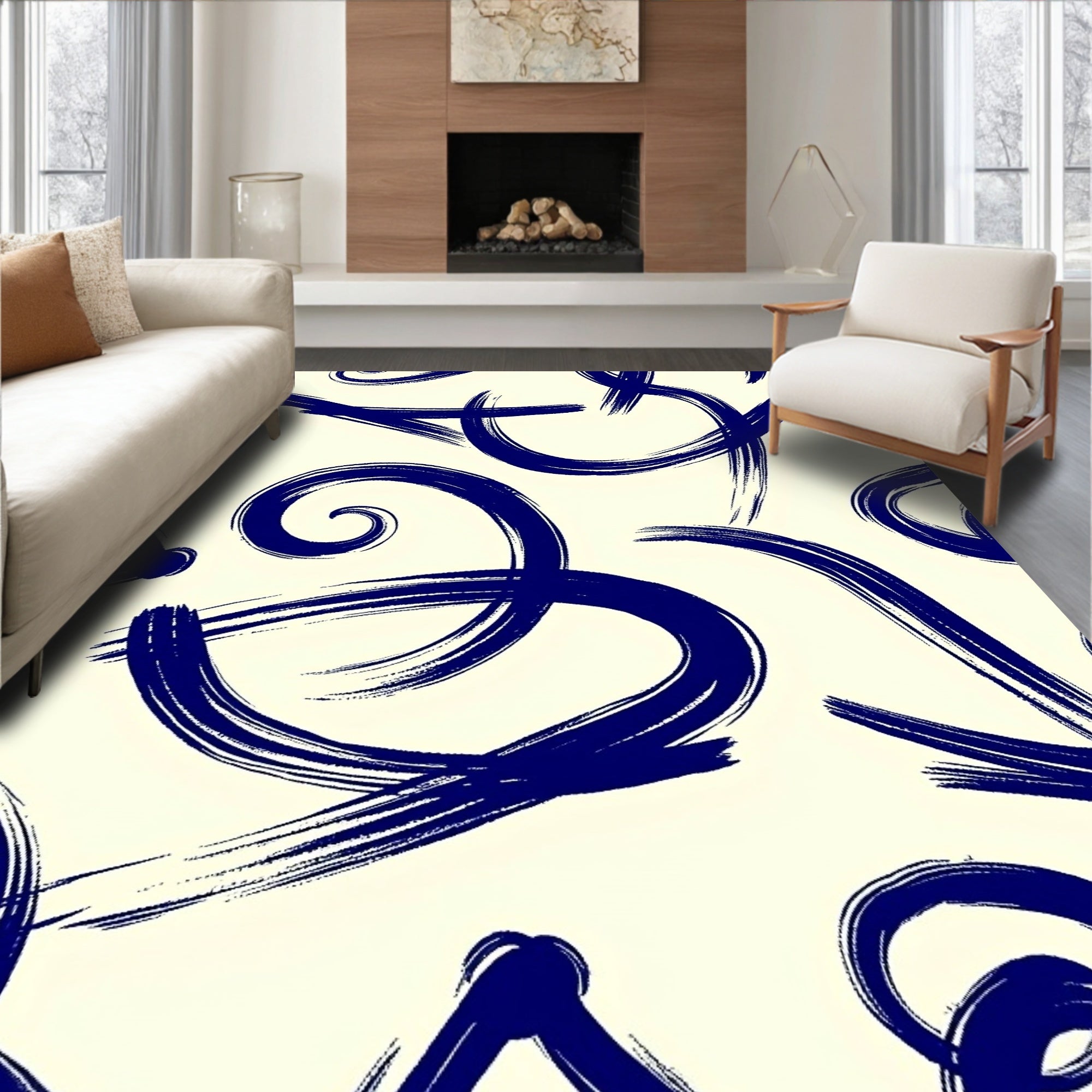 Bold Indigo Brushstroke Swirls Rug