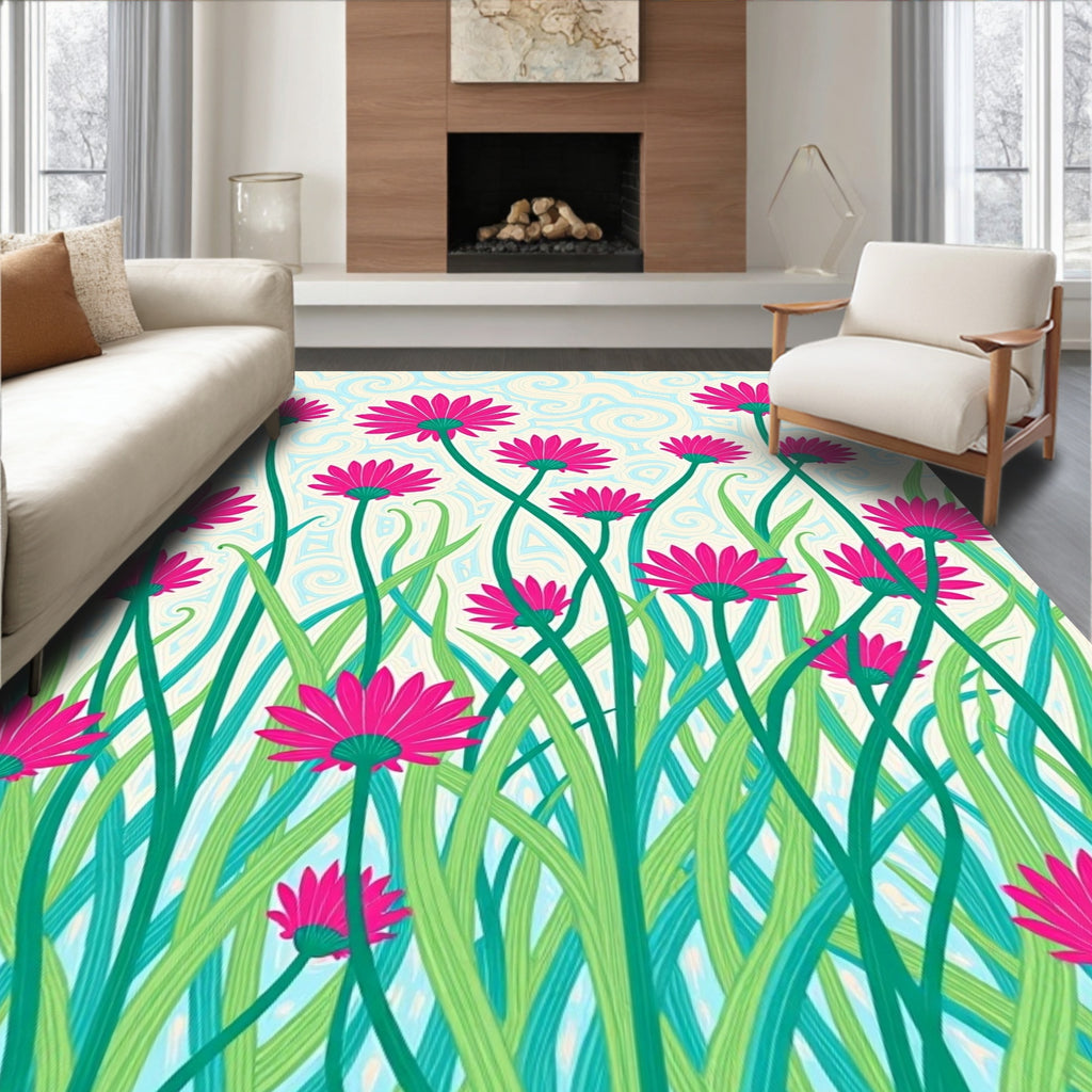 Bright Pink Daisy Field Swirls Rug