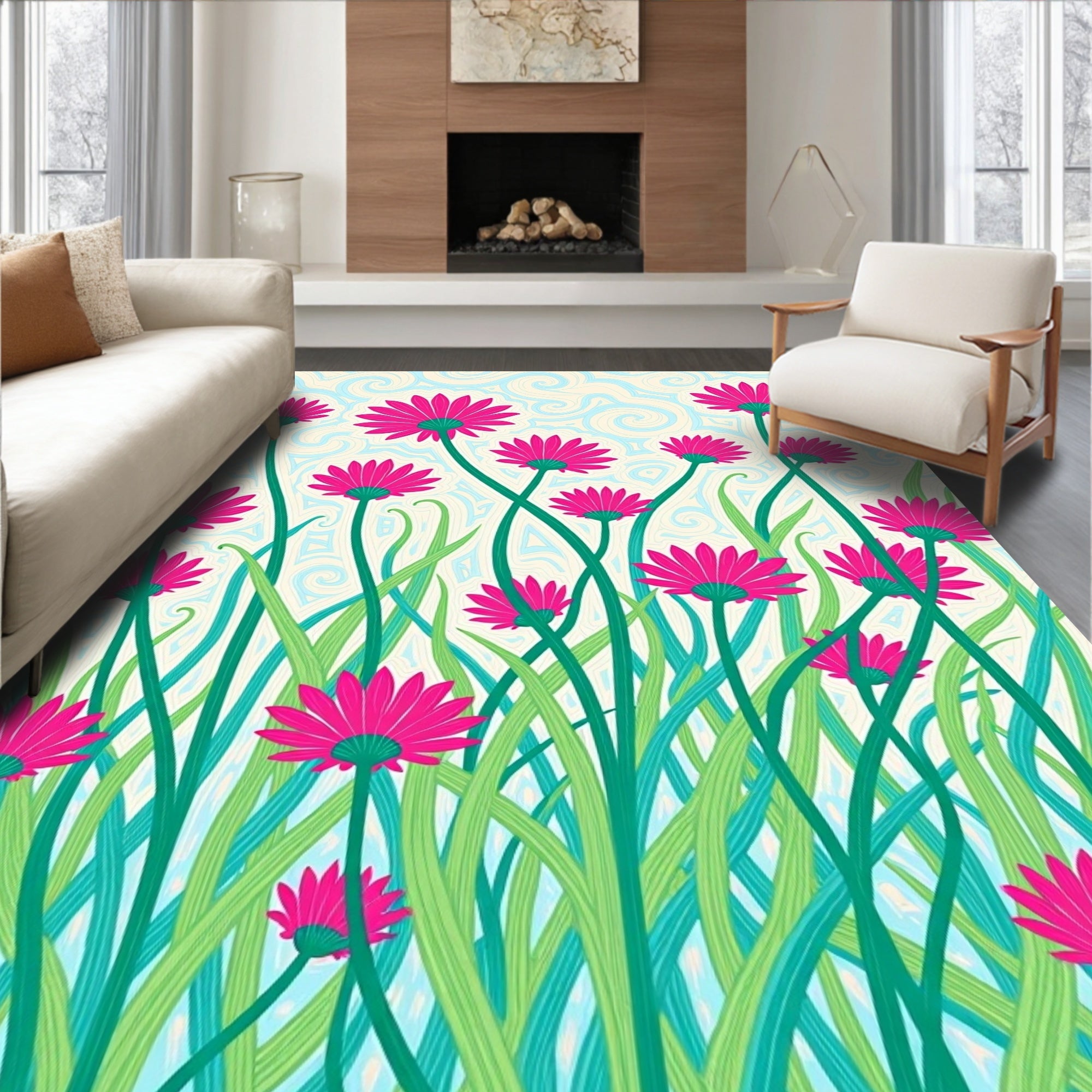 Bright Pink Daisy Field Swirls Rug