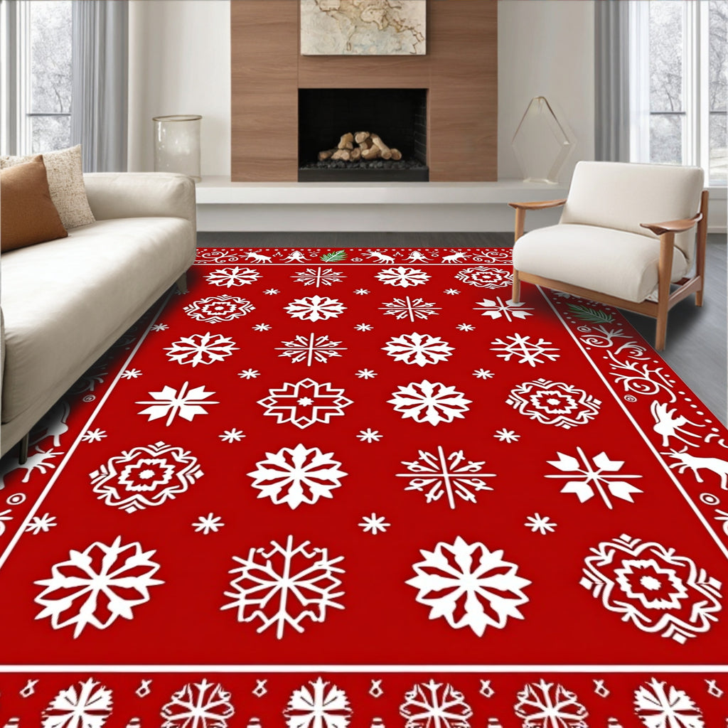Crimson Red Snowflake Medallion Border Rug
