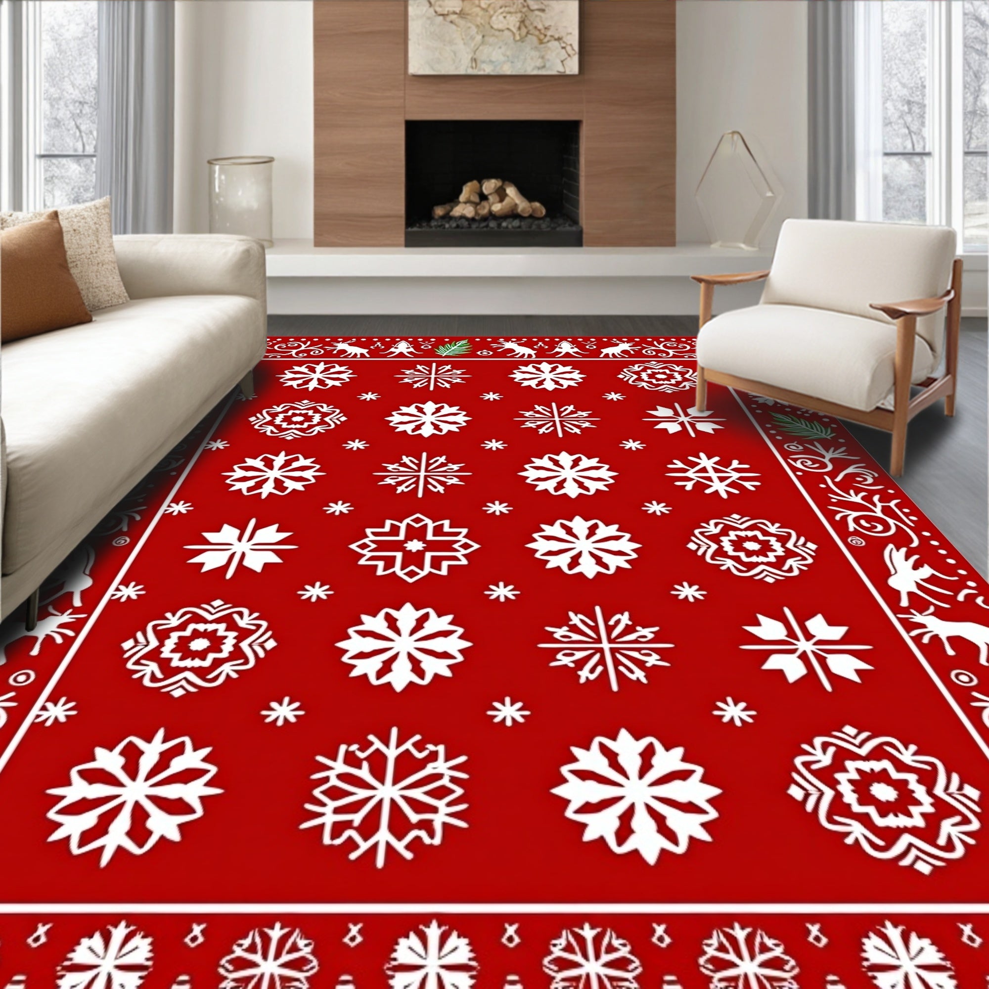 Crimson Red Snowflake Medallion Border Rug