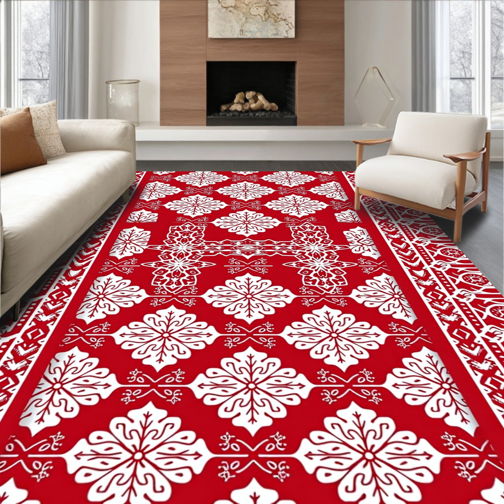 Crimson White Floral Bordered Rug
