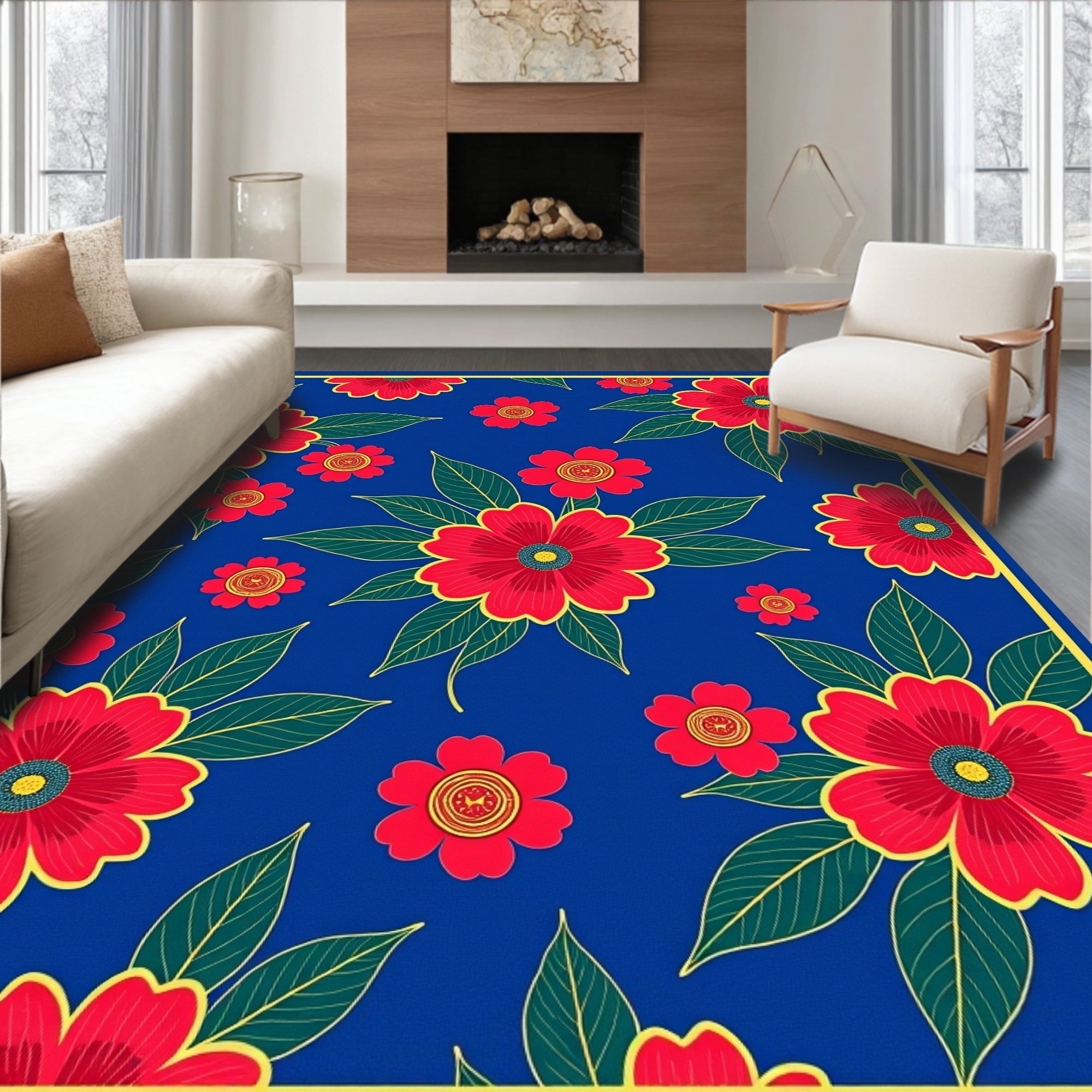 Vibrant Red Floral Foliage Medley Rug