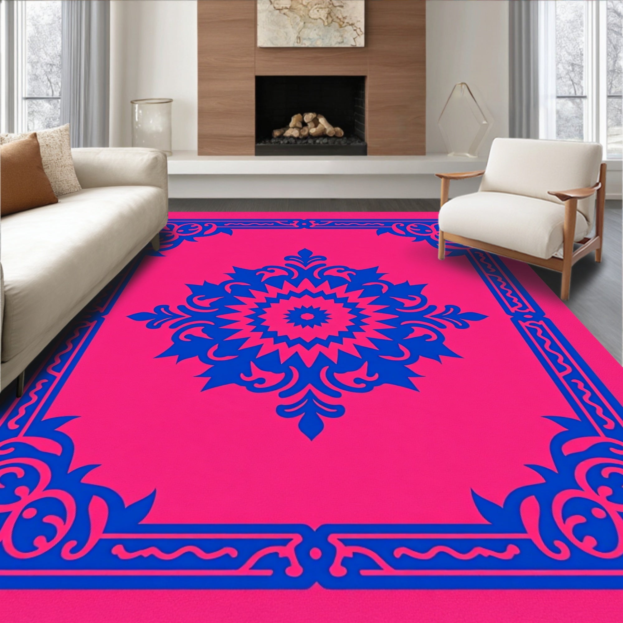 Vibrant Pink Blue Damask Medallion Rug