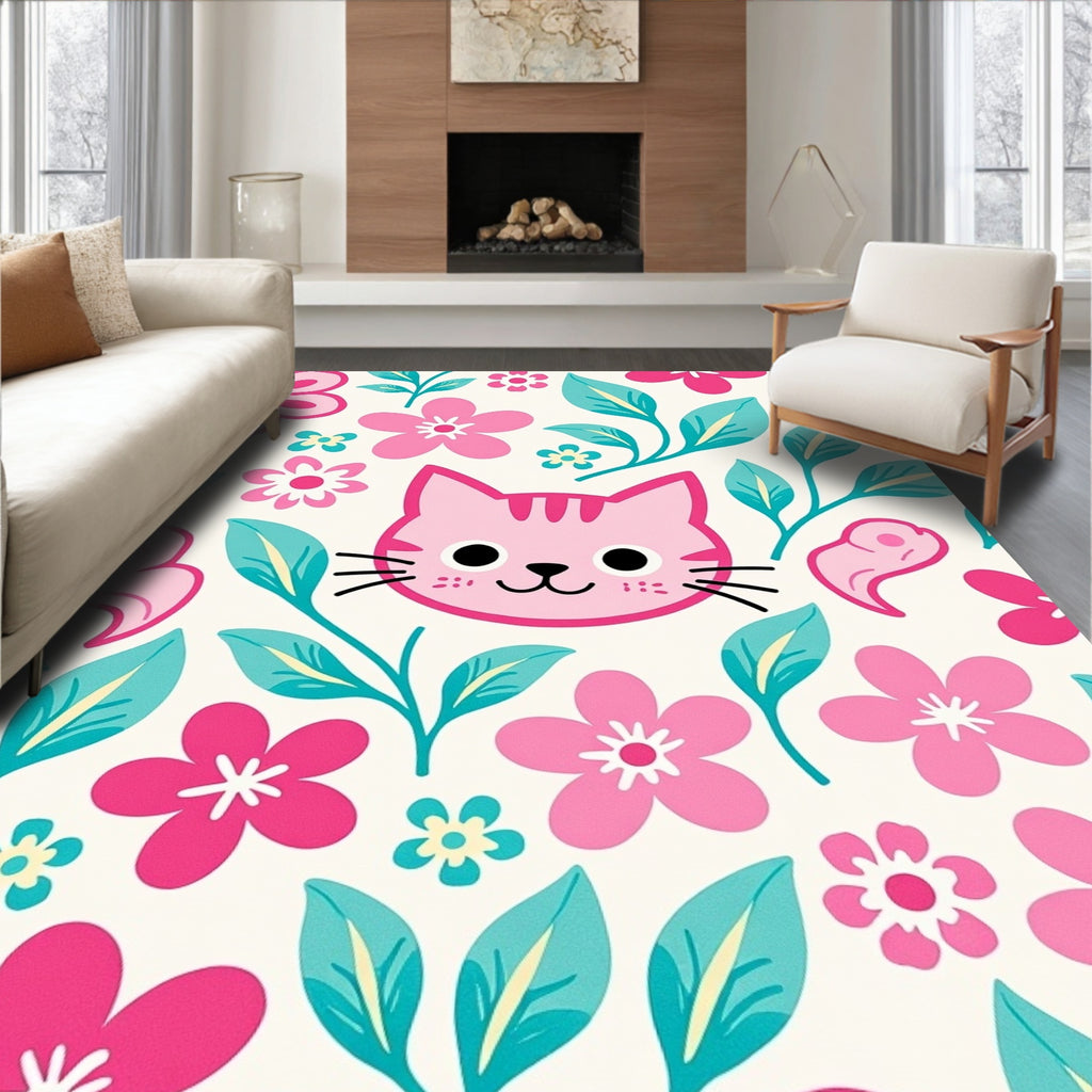 Pink Kitty Flower Garden Rug