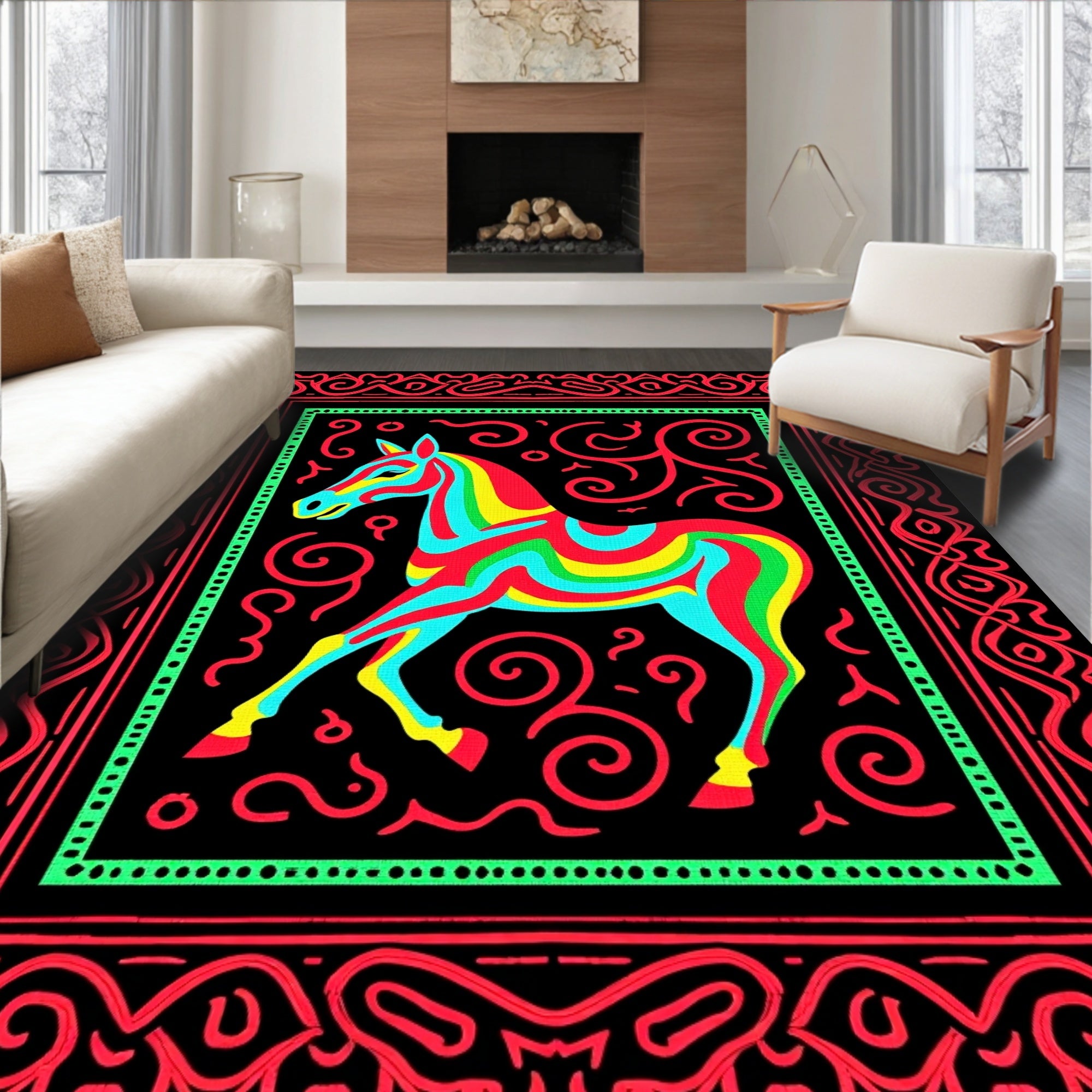 Colorful Horse Tribal Border Rug