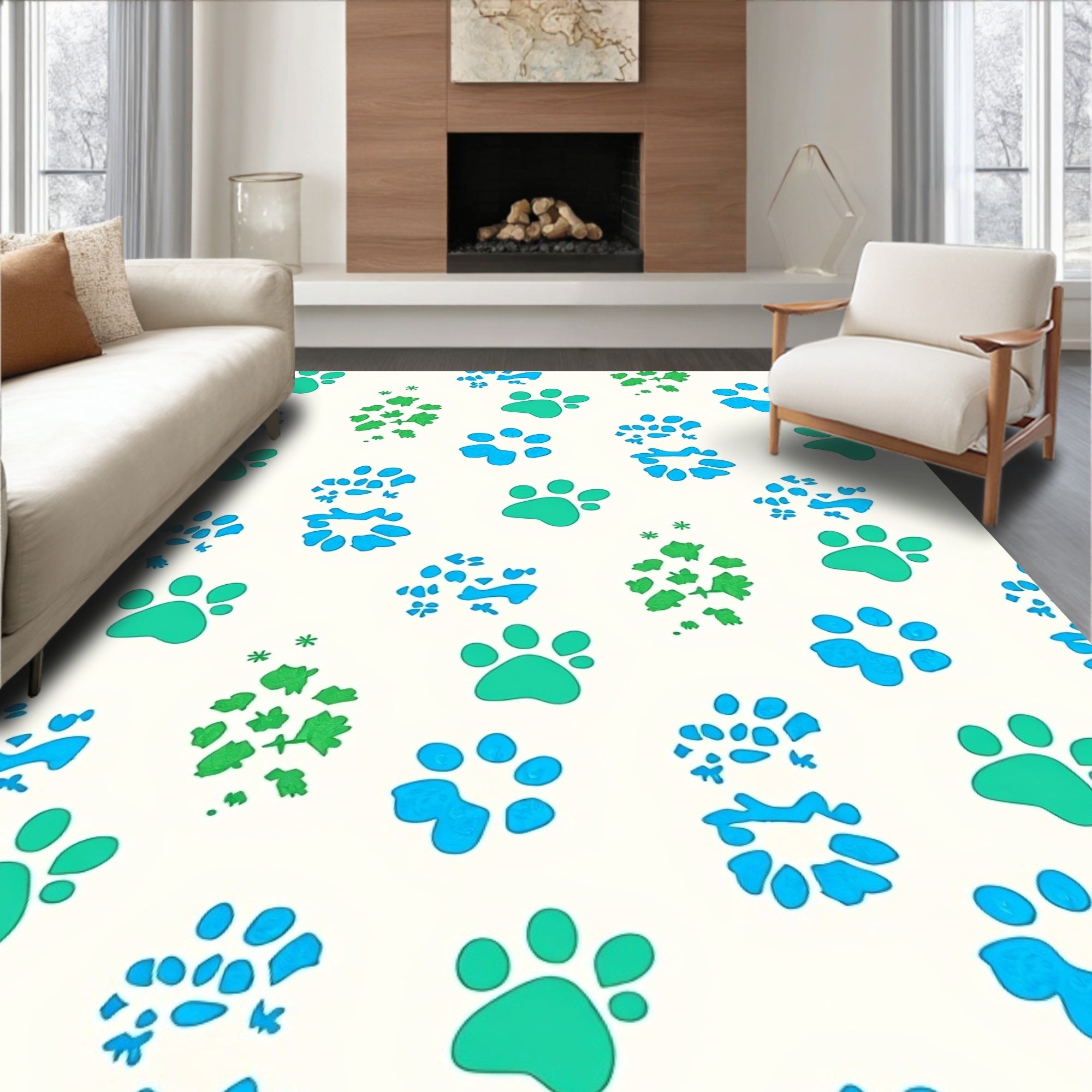 Aqua Teal Paw Prints scattered Repeats Rug