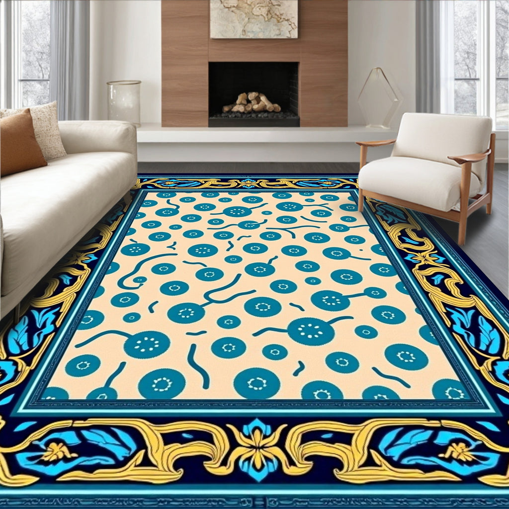 Teal Circles Curved Lines Bordered Field Rug