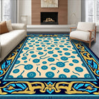 Teal Circles Curved Lines Bordered Field Rug