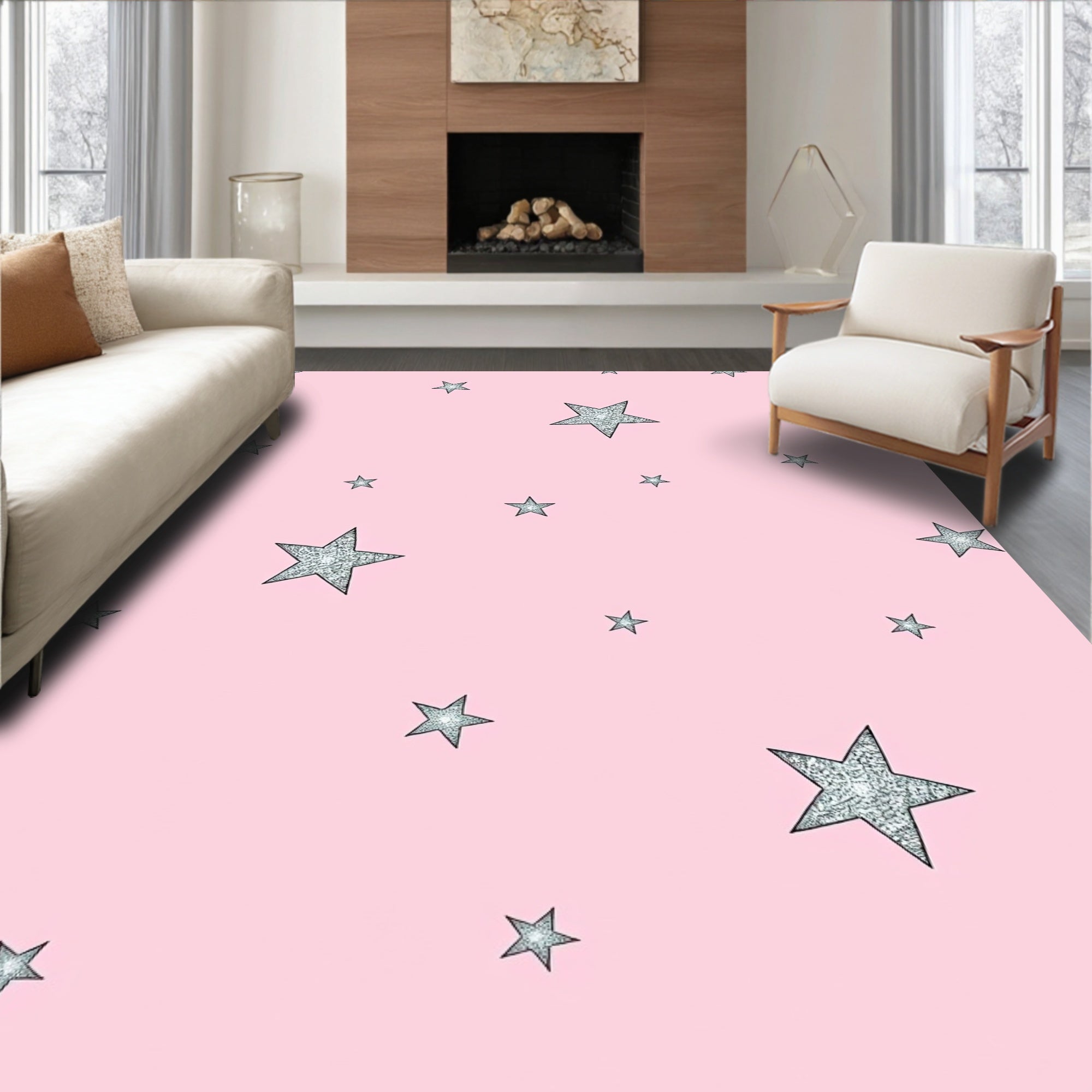 Pink Glitter Stars Scattered Accent Rug