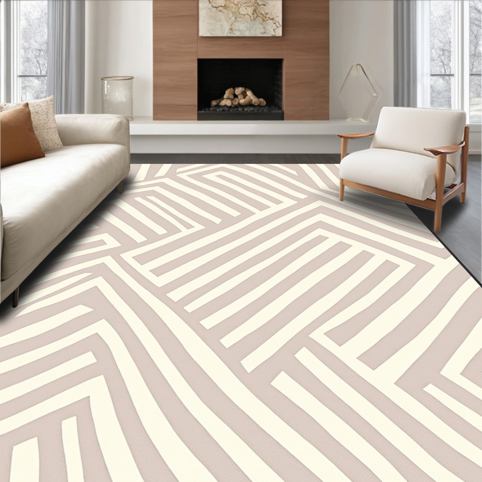 Modern Taupe Geometric Maze Rug