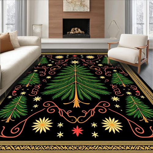 Black Green Forest Whimsical Floral Medallion Rug