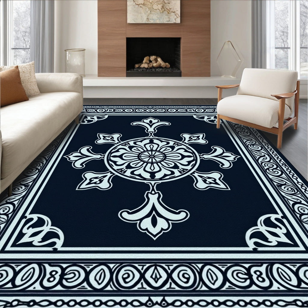Deep Navy Floral Medallion Border Rug