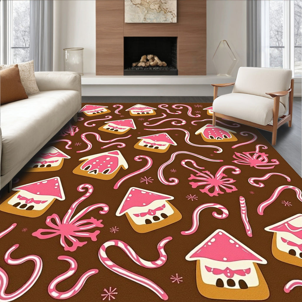 Pink Gingerbread Houses Candy Cane Swirl Rug