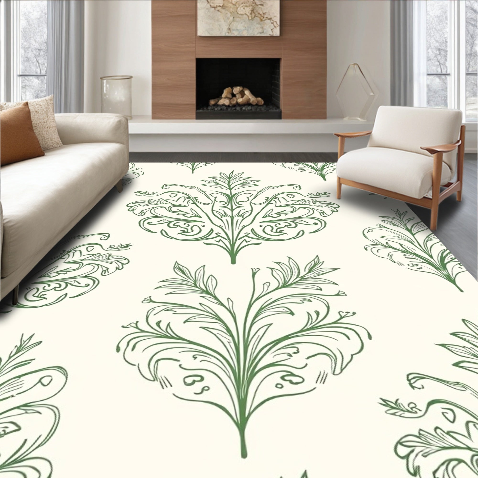 Green Floral Damask Classic Oval Rug