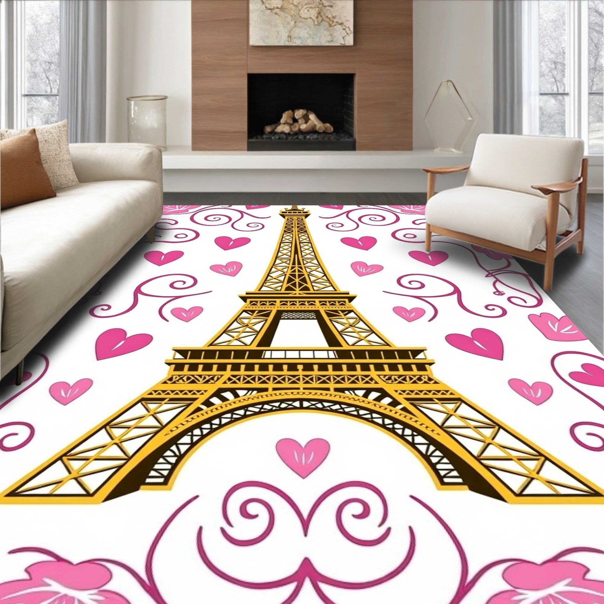 Parisian Eiffel Tower Pink Hearts Rug