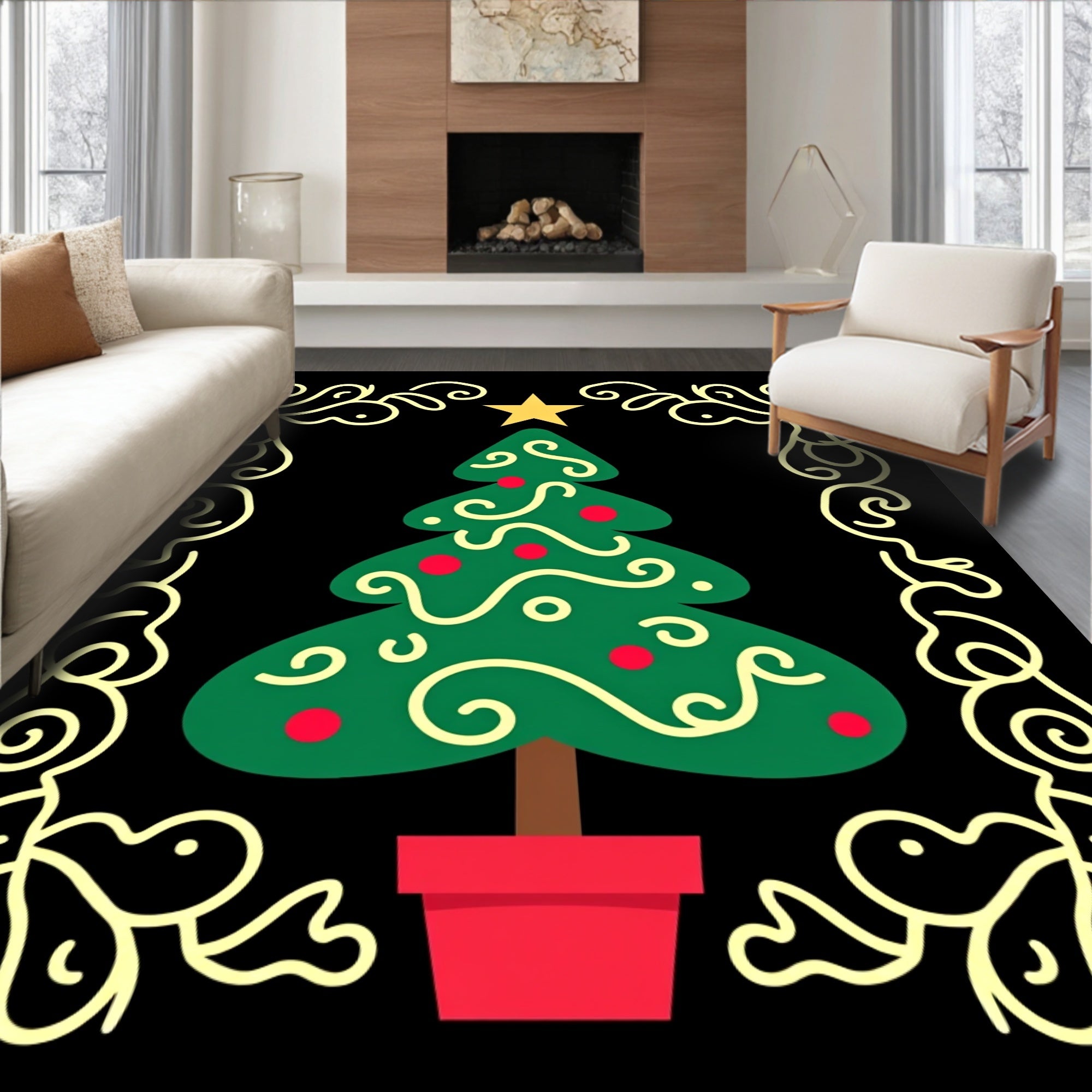 Festive Green Christmas Tree Floral Border Rug